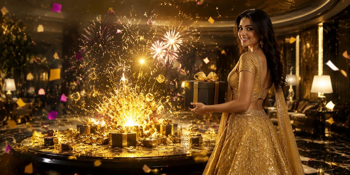 Indian woman enjoying casino app wearing lehenga
