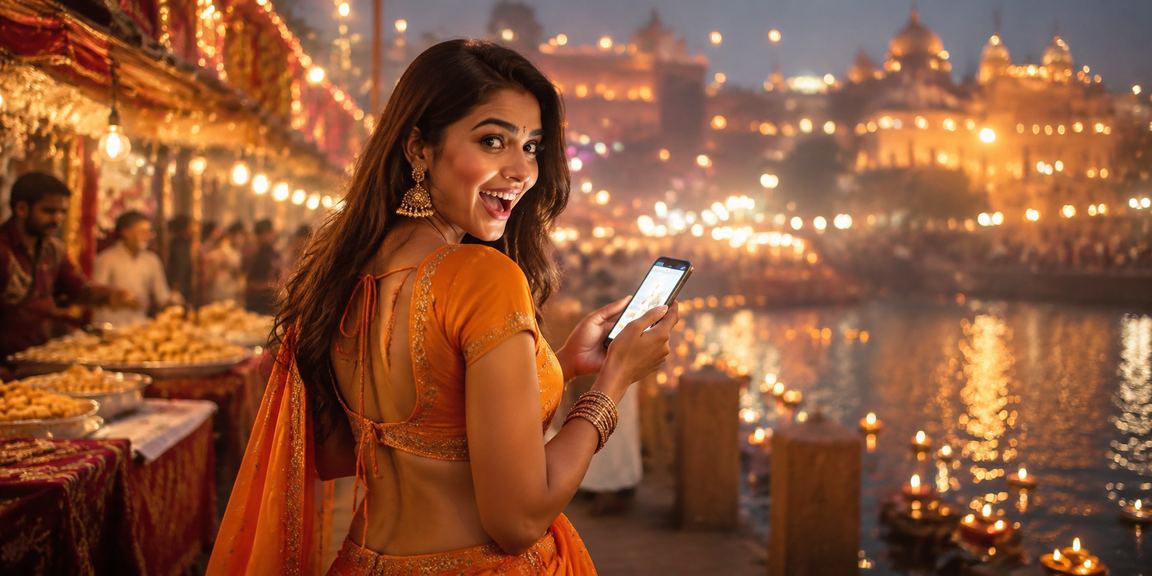 Night market in India with people betting on mobile devices
